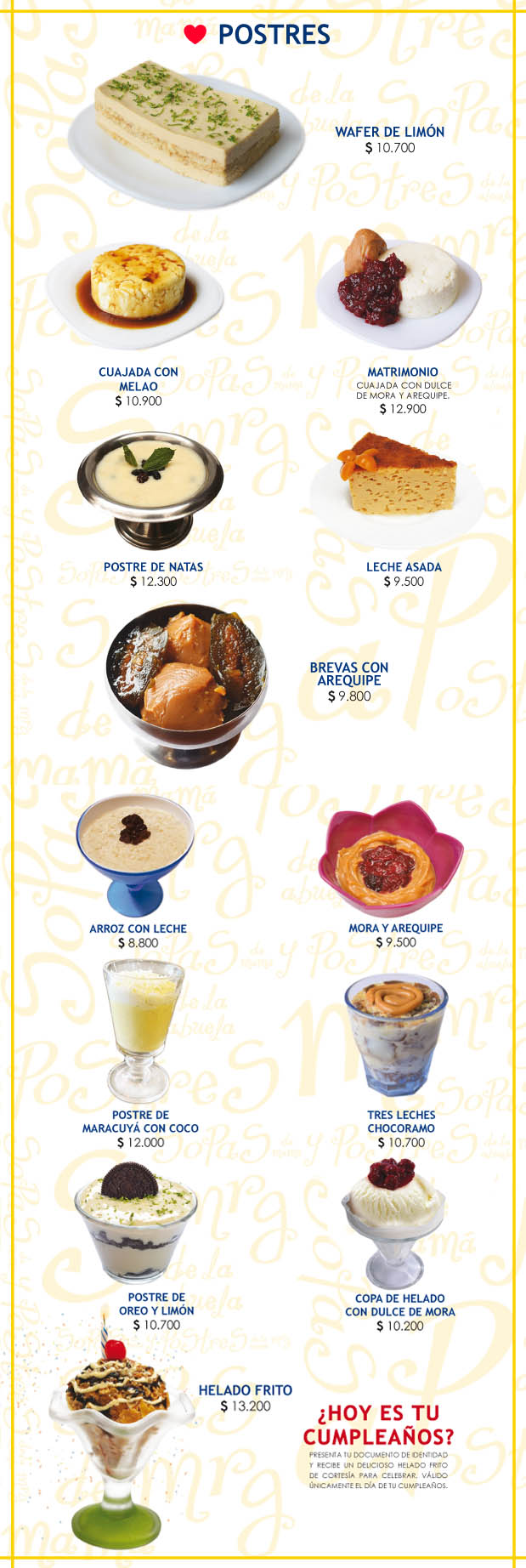 menu postres